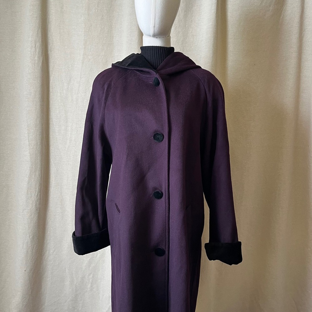 Vintage MDP Mario De‎ Pinto Plum Purple Hooded Pure Wool Long Coat M 8/10 - Picture 3 of 10
